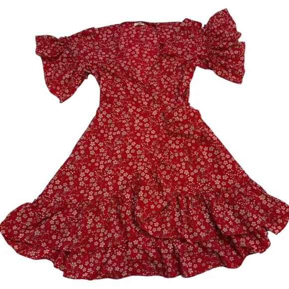 Max Studio Red Floral Ruffle Sleeve Wrap Dress - Picture 1 of 6